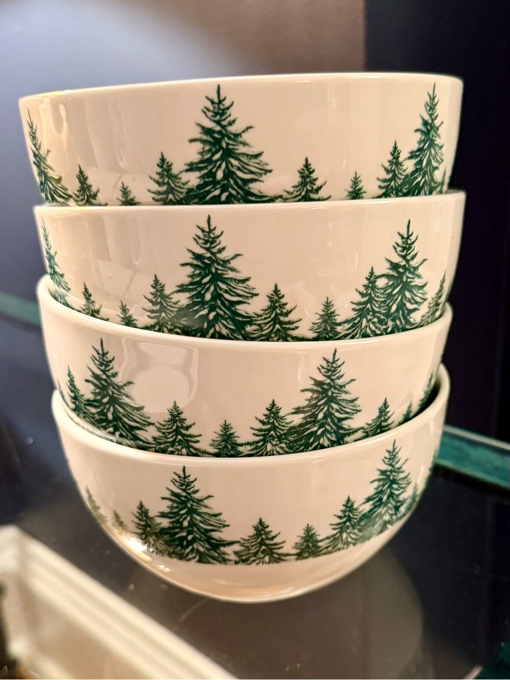 Brand New Royal Norfolk Ceramic Bowls with Green Pine Forest Motif - Set of 4